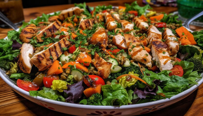 Grilled meat and vegetables on wooden plate generated by AI