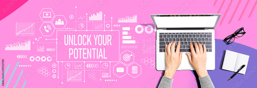 Poster unlock your potential theme with person using a laptop computer