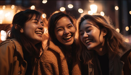 Fototapeta premium Young adults embracing, smiling under Christmas lights generated by AI