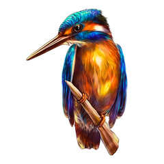 Full-length drawing of a kingfisher perched on a branch on a transparent background.