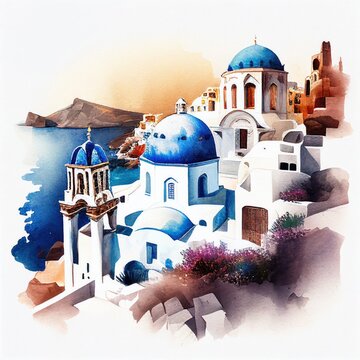 Santorini in watercolor style by Generative AI