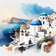 Santorini in watercolor style by Generative AI - obrazy, fototapety, plakaty