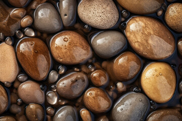 Pebble stones seamless background, adorned with glistening droplets of water. AI generated