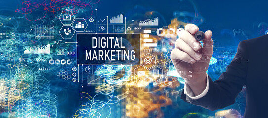 Digital marketing with businessman in a bokeh neon light trails city night background