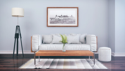 Illustration - Skandinavisches, nordisches Wohnzimmer mit einer Couch, Tisch, Teppich, Wandbild und einer Lampe  - Textfreiraum - Platzhalter - Retro Look