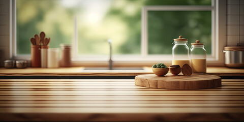 Empty wooden table with glass jar on the background of the window, Generative AI Illustration