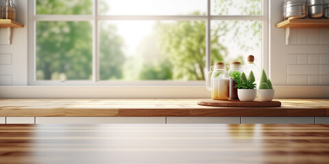 Empty wooden table with glass jar on the background of the window, Generative AI Illustration