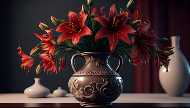 Vase with decorative red lilies on table Ai generated image