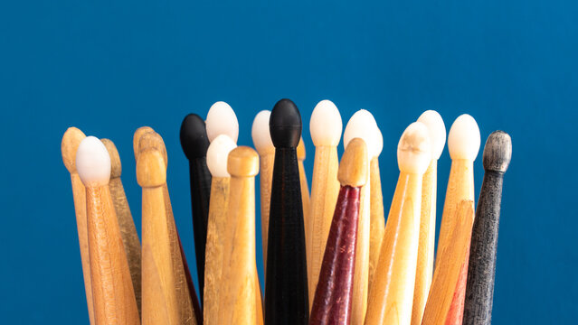 Group of drumsticks close up view. International drum month concept. Copy space for text.
