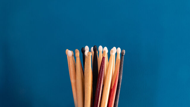 Group of drumsticks close up view. International drum month concept. Copy space for text.