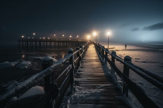 Winter evening pier in Brzezno on the beach at dusk, Gdansk, Poland. Generative AI
