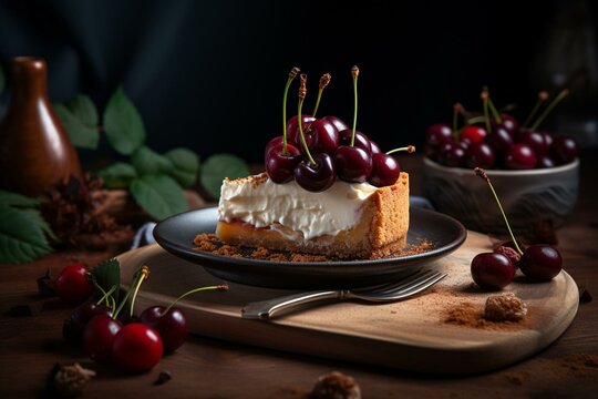 Cheesecake with whipped cream and cherries. Generative AI