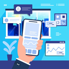 Hand holding mobile phone and using app,view data.Vector . illustration for websites and banner