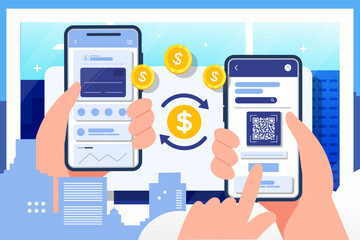 Mobile money transfer with hand holding mobile phone.Transfer money by online internet banking all around the world illustration.