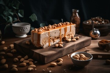 Fototapeta na wymiar Peanut-caramel sherbet, nutty torrone, dessert with caramel, homemade sorbet with peanuts, sugar, and cream on wooden board. Generative AI