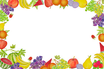 Fruit frame from various fruits and berries painted in watercolor on a transparent background.