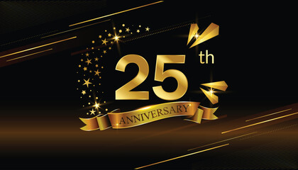 25th anniversary logo with golden ring, confetti and Gold ribbon isolated on elegant black background, sparkle, vector design for greeting card and invitation card