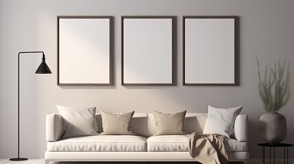 Three blank empty picture frames hanging above a couch in a modern living room. Poster/art mockup created using generative AI tools