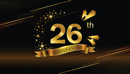 26th anniversary logo with golden ring, confetti and Gold ribbon isolated on elegant black background, sparkle, vector design for greeting card and invitation card