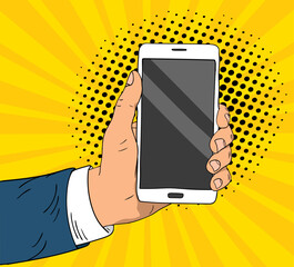 Hand holding smartphone banner in pop art style design