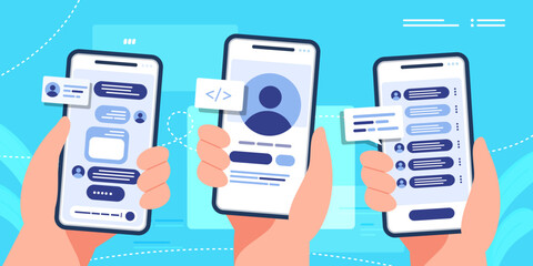 Hand holding phone with chat message. Chat with friends and send messages.information exchange