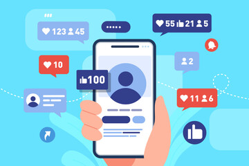 Hand holding mobile phone with Social media app. like, follower, comment. Vector illustration