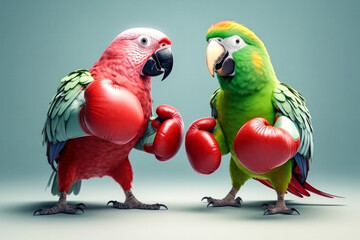 Zwei Papageien mit Boxhandschuhen