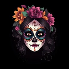 Illustration of a woman with day of the dead makeup on black background created using generative AI tools