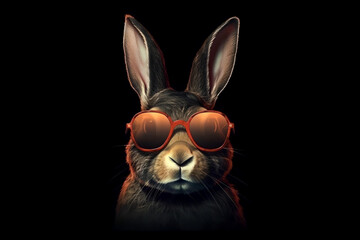 Fototapeta na wymiar Cute Rabbit with Sunglasses on Black Background Summer Generative AI