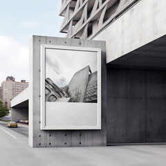 poster in frame on concrete wall, brutalism, modernism. Architecture in comunism. Propaganda. Generative AI