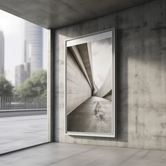 poster in frame on concrete wall, brutalism, modernism. Architecture in comunism. Propaganda. Generative AI