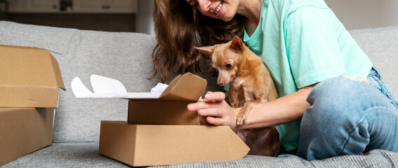 Lap dog looking at cardboard box, concept of online shopping and unboxing purchase.