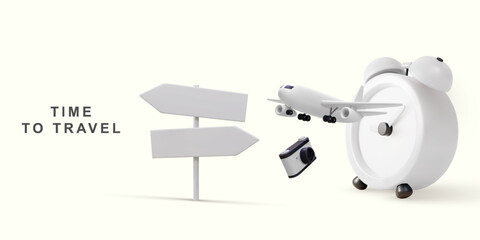 3d realistic time to travel concept with road sign, clock, airplane and camera. Vector illustration.