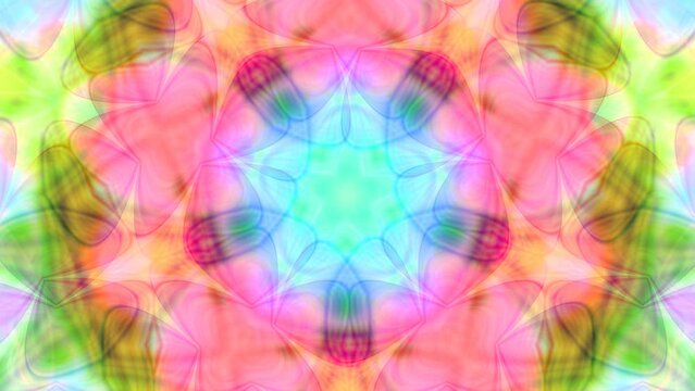 Semi transparent triangle shapes with rounded corners moving, pulsating, spreading from centre and converging to it, making different varicoloured abstract patterns. 4K UHD 4096x2304