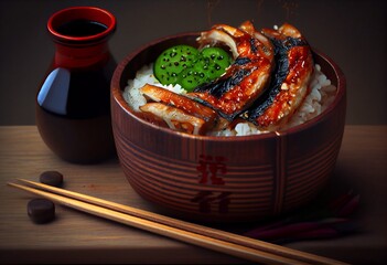 Japanese eel rice bowl placed on the background table. Generative AI