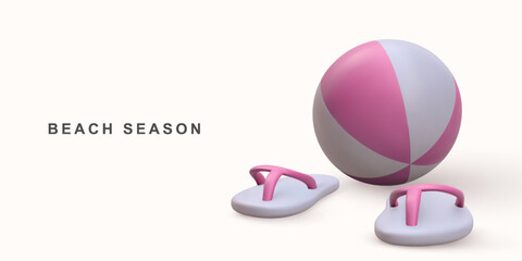 3D realistic beach ball and beach sneakers. Vector illustration.