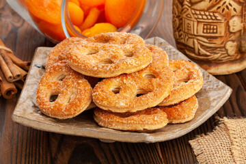 pretzel cookie on wood background