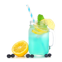 Summer iced blue lemonade in a mason jar glass with paper straw, lemon and blueberries isolated on a white background