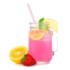 Summer iced pink lemonade in a mason jar glass with paper straw, lemon and strawberry isolated on a white background