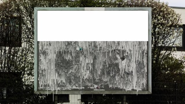 digital pixel noise running down old billboard with torn paper surface with luma mask, torn grunge poster textured background, empty poster space for text.