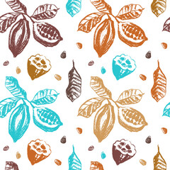 Cocoa beans seamless pattern. Vector hand-drawn Cacao beans background for chocolate packaging ornament or powder. Old-fashioned cocoa plant illustrations for Bean to Bar label. Organic cacao butter.