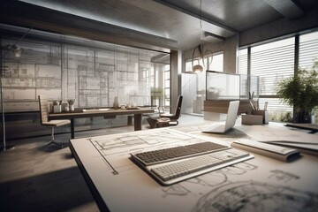 Fototapeta na wymiar Drawing of contemporary office design. Generative AI