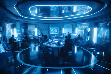 fancy blue futuristic business office with many people working