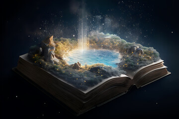 Magical Fairy Tale Book Opens to Breathtaking Galaxy Landscape created with Generative AI Technology