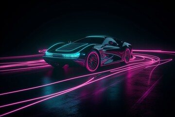Obraz na płótnie Canvas 3D neon car light trails in cyan and pink. Generative AI
