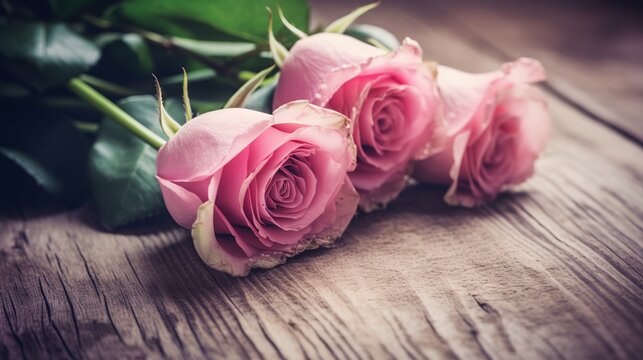 Close up of 3 beautiful pink roses, mother's day AI concept