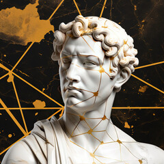 Obraz premium Une sculpture en marbre, statue d'une personne stoïcienne grecque ou romaine, représentant le stoïcisme. Avec des lignes dorées et noires, kintsugi, fond noir