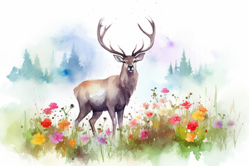 Watercolor painting of a peaceful deer or reindeer in a colorful flower field. Ideal for art print, greeting card, springtime concepts etc. Made with generative AI.