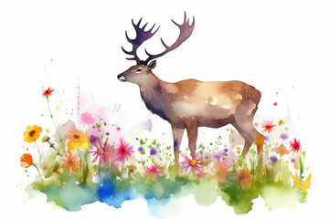 Watercolor painting of a peaceful deer or reindeer in a colorful flower field. Ideal for art print, greeting card, springtime concepts etc. Made with generative AI.