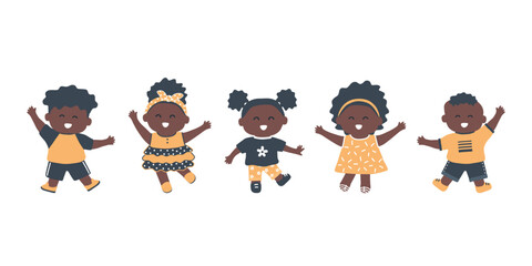 Dancing little black children. Group of girls and boys have fun. Cute cartoon characters. Vector illustration